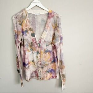 VENUS Women’s Ivory Pink Printed Floral V-Neck Front Button Cardigan Size Small